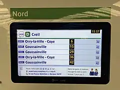 Écran en gare de Châtelet - Les Halles affichant les trains SNCF du RER D.
