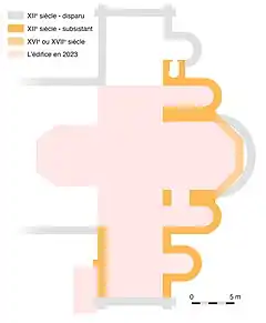 Plan très simplifié distinguant parties disparues, parties d'origine et abside transformée. L'ensemble se superpose à un plan de l'édifice actuel.