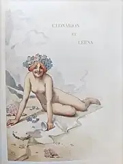 Une femme, nue, couchée, avec une couronne de fleur dans les cheveux.