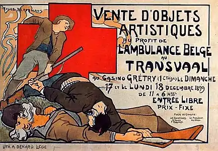 Vente d'objets artistiques au profit de l'ambulance belge, 1899 (Lithographie en couleurs ; Inv. Renardy nº B-61 ; 58 × 79 cm), Anvers, Vleeshuis