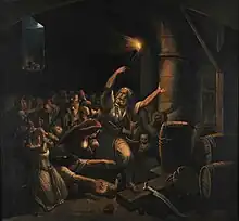 tableau XIXe : un vieillard barbu a une torche à la main ; des femmes sont en prière