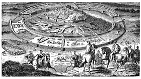 Dessin représentant des soldats à cheval sur une colline observant une ville assiégée en contrebas.