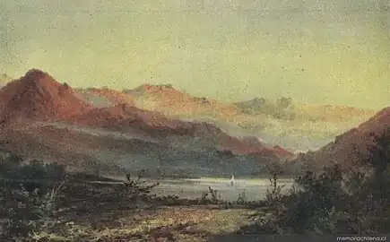 Antonio Smith (es) (Chili), Paisaje con cordillera y laguna (« Paysage avec Cordillère et lac », n. d., Bibliothèque nationale du Chili).