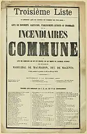 Affiche sépia avec une liste de lieux sur trois colonnes. Titre sur toute la largeur en plusieurs lignes, mettant en valeur les mots incendiaires et Commune.