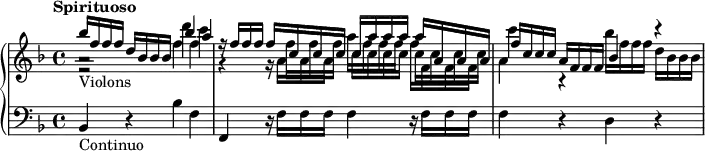 
\version "2.18.2"
\header { 
  tagline = ##f
}
upper = \relative c'' {
  \clef treble 
  \key f \major
  \time 4/4
  \tempo "Spirituoso"
  \tempo 4 = 98
  %\override TupletBracket.bracket-visibility = ##f

   %% Scarlatti — Dixit Dominus [IV] incipit
   << { bes'16_\markup{Violons} f f f d bes bes bes bes'4 a | r16 f16 f f f  c c c c a' a a a a, a a | f' c c c a f f f bes4 r4 } \\ { r2 d'4 c s4 s16 f,16 f f \repeat unfold 8 { c16 } | c'4 r4 bes16 f f f d bes bes bes } \\{ \stemDown a2\rest f'4 f g,4\rest g16\rest a16 a a a' f f f f f, f f | a4 } >>

}

lower = \relative c {
  \clef bass
  \key f \major
  \time 4/4

   bes4-\markup{Continuo} r4 bes'4 f | f, r16 f'16 f f f4 r16 f16 f f | f4 r4 d4 r4
}

\score {
  \new PianoStaff <<
    \new Staff = "upper" \upper
    \new Staff = "lower" \lower
  >>
  \layout {
    #(layout-set-staff-size 17)
    \context {
      \Score
       \override SpacingSpanner.common-shortest-duration = #(ly:make-moment 1/2)
    }
  }
  \midi { }
}
