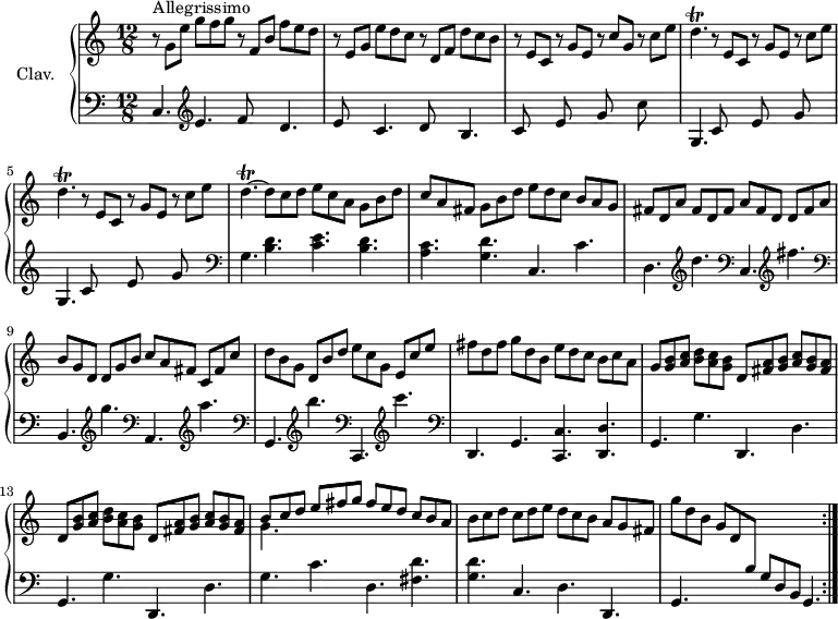 \version "2.18.2"
\header {
  tagline = ##f
}
%% les petites notes
trillD     = { \tag #'print { d4.\trill~ } \tag #'midi { \times 2/3 { e16 d e d e d~ } d8~ } }
upper = \relative c'' {
  \clef treble 
  \key c \major
  \time 12/8
  \tempo 4. = 126
  \set Staff.midiInstrument = #"harpsichord"
  \repeat volta 2 {
    s8*0^\markup{Allegrissimo}
    r8 g e' g f g r8 f, b f' e d  | r8 e,8 g e' d c r8 d, f d' c b | r8 e,8 c r8 g' e r8 c' g r8 c e \trillD \repeat unfold 2 { r8 e,8 c r8 g' e r8 c' e \trillD }
    % ms. 6
    d8  c d e c a  g b d |
    % ms. 7
    c8 a fis g b d e d c b a g | fis d a' fis d fis a fis d d fis a | b g d  d g b  c a fis c fis c' |
    % ms. 10
    d8 b g d b' d e c g  e c' e | fis d fis g d b e d c b c a | g < g b > < a c > < b d > < a c > < g b > d < fis a > < g b > < a c > < g b > < fis a > | 
    % ms. 13
    d8 <g b >8 < a c > < b d > < a c > < g b > d < fis a > < g b > < a c > < g b > < fis a > | << { b8 c d e fis g fis e d c b a } \\ { g4. } >> | b8 c d c d e d c b a g fis | g'8 d b g d \stemUp \change Staff = "lower" b g d b s4. |
} % reprise
}
lower = \relative c {
  \clef bass
  \key c \major
  \time 12/8
  \set Staff.midiInstrument = #"harpsichord"
  \repeat volta 2 {
    % **************************************
     c4.   \clef treble  e'4. f8 s4 d4. | e8 s4 c4. d8 s4 b4. | c8 s4 e8 s4 g8 s4 c8 s4 |
     % ms. 4
     \repeat unfold 2 { g,4. c8 s4 e8 s4 g8 s4 } |   \clef bass g,4. < b d > < c e > < b d > |
     % ms. 7
     < a c >4. < g d' > c,4. c' d,  \clef treble d''4.  \clef bass c,,4. \clef treble fis''4. | \clef bass b,,,4. \clef treble g'''4. \clef bass a,,,4. \clef treble a'''4.
     % ms. 10
     \clef bass g,,,4. \clef treble b'''4. \clef bass c,,,,4. \clef treble c''''4. | \clef bass d,,,,4. g < c, c' >4. < d d' > | \repeat unfold 2 { g4. g' d, d' } |
     % ms. 14
     g4. c d, < fis d' > | < g d' > c, d d, | g s4. s4.   \tempo 4. = 60 g4.   \tempo 4. = 126
}%reprise
}
thePianoStaff = \new PianoStaff <<
    \set PianoStaff.instrumentName = #"Clav."
    \new Staff = "upper" \upper
    \new Staff = "lower" \lower
  >>
\score {
  \keepWithTag #'print \thePianoStaff
  \layout {
      #(layout-set-staff-size 17)
    \context {
      \Score
     \override SpacingSpanner.common-shortest-duration = #(ly:make-moment 1/2)
      \remove "Metronome_mark_engraver"
    }
  }
}
\score {
  \unfoldRepeats
  \keepWithTag #'midi \thePianoStaff
  \midi { }
}