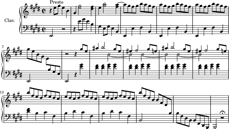 \version "2.18.2"
\header {
  tagline = ##f
}
%% les petites notes
trillB      = { \tag #'print { bes'8.\trill } \tag #'midi { c32 bes c bes~ bes16 } }
upper = \relative c'' {
  \clef treble 
  \key e \major
  \time 2/2
  \tempo 2 = 120
  \set Staff.midiInstrument = #"harpsichord"
 s8*0^\markup{Presto}
      r4 e8 gis e4 b | gis < e' gis >2 < dis fis >4 | e4 < gis b >2 < fis a >4~ | \repeat unfold 3 { a8 gis fis gis  b a gis fis } |
      % ms. 7
      gis8 e b gis \stemDown e \stemUp \change Staff = "lower" b gis e | \change Staff = "upper" r2 r4 << { \repeat unfold 2 { gis''8 e ais4 b2 gis8 e eis4 fis2 } } \\ { s2. \repeat unfold 3 { b,2~ b } } >> gis'8 e |
      % ms. 12
      b'8 fis e dis  fis e dis cis | \repeat unfold 2 { e dis cis dis  fis e dis cis } |
      % ms. 16
      b'8 fis dis b  b fis dis \change Staff = "lower" b | s1*2 | 
}
lower = \relative c' {
  \clef bass
  \key e \major
  \time 2/2
  \set Staff.midiInstrument = #"harpsichord"
    % **************************************
       e,,2 r2 | r4 e''8 gis e4 b | gis e8 gis e4 b | \repeat unfold 3 { e, e' fis b, } |
       % ms. 7
       e,2 s2 | e r4 < e'' gis >4 | \repeat unfold 4 { < dis fis >4 q < e gis > q } | 
       % ms. 13
       < dis fis >4 b4 cis fis, | \repeat unfold 2 { b dis cis fis, } |
       % ms. 16
       b,2 s2 | b'8 fis dis b b fis dis b | b2 r2\fermata |
}
thePianoStaff = \new PianoStaff <<
    \set PianoStaff.instrumentName = #"Clav."
    \new Staff = "upper" \upper
    \new Staff = "lower" \lower
  >>
\score {
  \keepWithTag #'print \thePianoStaff
  \layout {
      #(layout-set-staff-size 17)
    \context {
      \Score
     \override SpacingSpanner.common-shortest-duration = #(ly:make-moment 1/2)
      \remove "Metronome_mark_engraver"
    }
  }
}
\score {
  \keepWithTag #'midi \thePianoStaff
  \midi { }
}