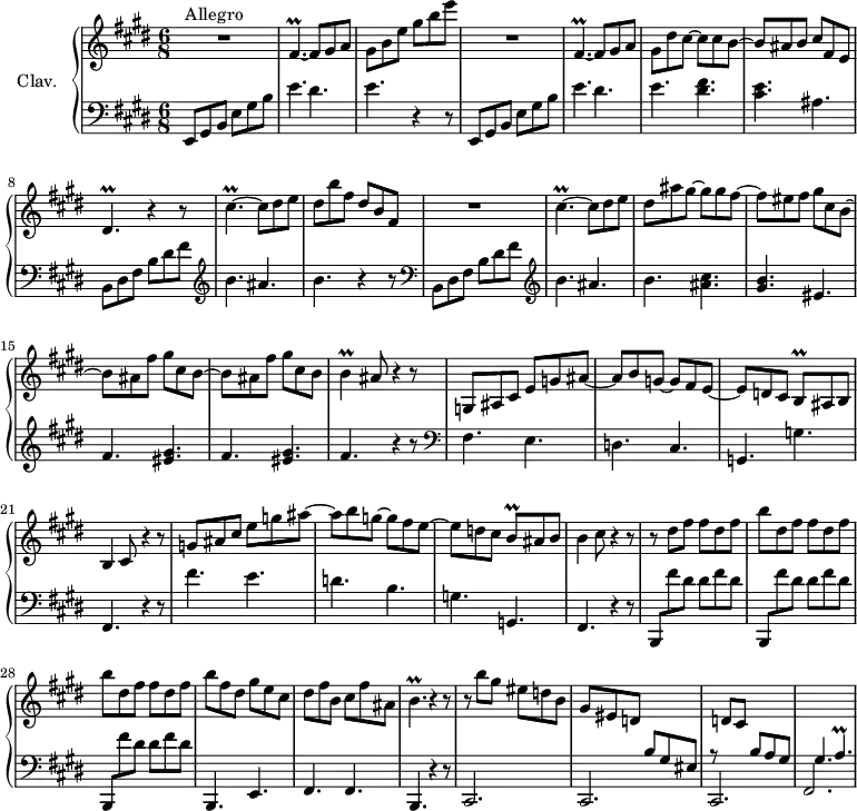 \version "2.18.2"
\header {
  tagline = ##f
  % composer = "Domenico Scarlatti"
  % opus = "K. 403"
  % meter = "Allegro"
}
%% les petites notes
trillFispDownA  = { \tag #'print { fis,4.\prall~ } \tag #'midi { gis32 fis gis fis~ fis4~ } }
trillFispDownB  = { \tag #'print { fis,,4.\prall~ } \tag #'midi { gis32 fis gis fis~ fis4~ } }
trillDisp       = { \tag #'print { dis4.\prall } \tag #'midi { e32 dis e dis~ dis4~ } }
trillBp         = { \tag #'print { b4.\prall } \tag #'midi { cis32 b cis b~ b4 } }
trillBq         = { \tag #'print { b8\prall } \tag #'midi { cis32 b cis b } }
trillCispUp     = { \tag #'print { cis'4.\prall~ } \tag #'midi { dis32 cis dis cis~ cis4~ } }
trillB          = { \tag #'print { b4\prall } \tag #'midi { cis32 b cis b~ b8 } }
trillAp         = { \tag #'print { a4.\prall } \tag #'midi { b32 a b a~ a4 } }
upper = \relative c'' {
  \clef treble 
  \key e \major
  \time 6/8
  \tempo 4. = 102
  \set Staff.midiInstrument = #"harpsichord"
  \override TupletBracket.bracket-visibility = ##f
      s8*0^\markup{Allegro}
      R2. | \trillFispDownA fis8 gis a | gis b e gis b e | R2. | \trillFispDownB fis8 gis a |
      % ms. 6
      gis8 dis' cis~ cis cis b~ | b ais b cis fis, e | \trillDisp r4 r8 | \trillCispUp cis8 dis e | dis b' fis dis b fis |
      % ms. 11
      R2. | \trillCispUp cis8 dis e | dis ais' gis~ gis gis fis~ | fis eis fis gis cis, b~ | b ais fis' gis cis, b~ |
      % ms. 16
      b8 ais fis' gis cis, b | \trillB ais8 r4 r8 | g,8 ais cis e g ais~ | ais b g~ g fis e~ | e d cis \trillBq ais8 b |
      % ms. 21
      b4 cis8 r4 r8 | g'8 ais cis e g ais~ | ais b g~ g fis e~ | e d cis \trillBq ais8 b | b4 cis8 r4 r8 |
      % ms. 24
      r8 \repeat unfold 3 { dis fis fis dis fis | b } fis dis gis e cis | dis fis b, cis fis ais, | \trillBp r4 r8 |
      % ms. 32
      r8 b'8 gis eis d b | gis eis d \stemUp \change Staff = "lower" b gis eis r8 \change Staff = "upper" d' cis \stemUp \change Staff = "lower" b a gis gis4. \trillAp
}
lower = \relative c' {
  \clef bass
  \key e \major
  \time 6/8
  \set Staff.midiInstrument = #"harpsichord"
  \override TupletBracket.bracket-visibility = ##f
    % ************************************** \appoggiatura \repeat unfold 2 {  } \times 2/3 { }
      e,,8 gis b e gis b | e4. dis | e r4 r8 | e,,8 gis b e gis b | e4. dis |
      % ms. 6
      e4. < dis fis >4. | < cis e > ais | b,8 dis fis b dis fis |  \clef treble  b4. ais | b r4 r8   \clef bass 
      % ms. 11
      b,,8 dis fis b dis fis |  \clef treble  b4. ais | b < ais cis >4. | < gis b > eis | fis < eis gis > |
      % ms. 16
      fis4. < eis gis > | fis4. r4 r8 |   \clef bass  fis,4. e | d cis | g g' |
      % ms. 21
      fis,4. r4 r8 | fis''4. e | d b | g g, | fis r4 r8 |
      % ms. 24
      \repeat unfold 3 { b,8 fis''' dis  dis fis dis } | b,,4. e  fis fis b, r4 r8 |
      % ms. 32
      \repeat unfold 3 { cis2. } | fis2. | 
}
thePianoStaff = \new PianoStaff <<
    \set PianoStaff.instrumentName = #"Clav."
    \new Staff = "upper" \upper
    \new Staff = "lower" \lower
  >>
\score {
  \keepWithTag #'print \thePianoStaff
  \layout {
      #(layout-set-staff-size 17)
    \context {
      \Score
     \override SpacingSpanner.common-shortest-duration = #(ly:make-moment 1/2)
      \remove "Metronome_mark_engraver"
    }
  }
}
\score {
  \keepWithTag #'midi \thePianoStaff
  \midi { }
}