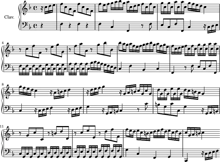 
\version "2.18.2"
\header {
  tagline = ##f
}

%% les petites notes
trillBesp     = { \tag #'print { bes4.\prall } \tag #'midi { c32 bes c bes~ bes4 } }

upper = \relative c'' {
  \clef treble 
  \key f \major
  \time 4/4
  \tempo 4 = 90
  \set Staff.midiInstrument = #"harpsichord"
  \override TupletBracket.bracket-visibility = ##f

      \partial 4
      %s8*0^\markup{Allegro}
      r16 c16 d e | \repeat unfold 2 { f8 c a f } | f'8 e16 f g a bes g a c, d e \repeat unfold 2 { f c }
      % ms. 3
      \repeat unfold 2 { g' c, } \repeat unfold 2 { a' c, } g'16 f e d c4 | r8 c f f, r8 e' g g, r8 f' a a, r8 g' bes bes, 
      % ms. 6
      bes'8 a16 g a f e f g a bes g a f g e | f c d e \repeat unfold 2 { f16 c } \repeat unfold 2 { g' c, } \repeat unfold 2 { a' c, } | g'16 f e d c4  r16 a b c d4
      % ms. 9
      r16 d16 e f g4 r16 g,16 a b \repeat unfold 2 { c16 g } | \repeat unfold 2 { d' g, } \repeat unfold 2 { e' g, } d'16 c b a g4 |   r8 g8 c c, r8 b'8 d d, |
      % ms. 12
      r8 c'8 e e, r8 d'8 f f, | f'8 e16 d e c b c d e f d e c d b | c g a b c4 s4

}

lower = \relative c' {
  \clef bass
  \key f \major
  \time 4/4
  \set Staff.midiInstrument = #"harpsichord"
  \override TupletBracket.bracket-visibility = ##f

    % ************************************** \appoggiatura \repeat unfold 2 {  } \times 2/3 { }
      \repeat unfold 3 { r4 f, } c4 f, r8 f'8 | 
      % ms. 3
      e8 c f f, c'4 r16 c16 d e | \repeat unfold 4 { f16 c } \repeat unfold 4 { g'16 c, } | \repeat unfold 4 { a'16 c, } bes'16 c bes a g f e d |
      % ms. 6
      c4 f bes, c | f, r8 f'8 e c f f, | c'4 r16 c16 d e f4 r16 d16 e f |
      % ms. 9
      g4  r16 g,16 a b c4 r8 c'8 | b g c c, g'4 r16 g,16 a b | \repeat unfold 4 { c16 g } \repeat unfold 4 { d'16 g, } |
      % ms. 12
      \repeat unfold 4 { e'16 g, } \repeat unfold 4 { f'16 g, } | g'4 c, f, g | c, r16 c'16 d e f4

}

thePianoStaff = \new PianoStaff <<
    \set PianoStaff.instrumentName = #"Clav."
    \new Staff = "upper" \upper
    \new Staff = "lower" \lower
  >>

\score {
  \keepWithTag #'print \thePianoStaff
  \layout {
      #(layout-set-staff-size 17)
    \context {
      \Score
     \override SpacingSpanner.common-shortest-duration = #(ly:make-moment 1/2)
      \remove "Metronome_mark_engraver"
    }
  }
}

\score {
  \keepWithTag #'midi \thePianoStaff
  \midi { }
}
