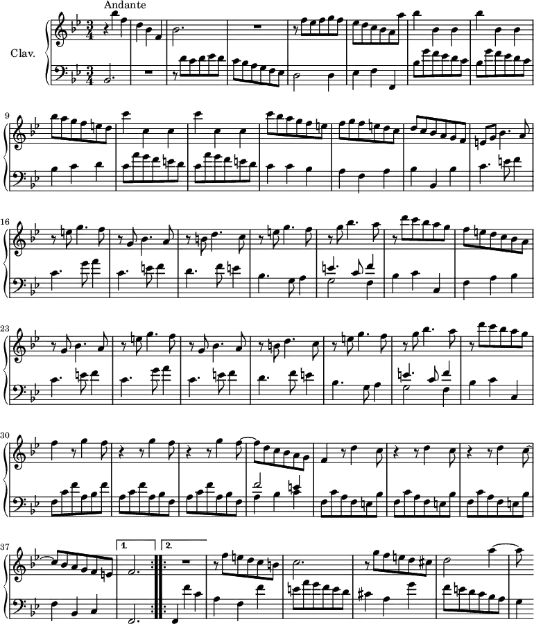\version "2.18.2"
\header {
  tagline = ##f
  % composer = "Domenico Scarlatti"
  % opus = "K. 472"
  % meter = "Andante"
}
%% les petites notes
%trillBesp     = { \tag #'print { bes4.\prall } \tag #'midi { c32 bes c bes~ bes4 } }
upper = \relative c'' {
  \clef treble 
  \key bes \major
  \time 3/4
  \tempo 4. = 82
  \set Staff.midiInstrument = #"harpsichord"
  \override TupletBracket.bracket-visibility = ##f
  \repeat volta 2 {
      s8*0^\markup{Andante}
      r4 bes'4 f | d bes f | bes2. | R2. | r8 f'8 ees f g f | 
      % ms. 6
      ees8 d c bes a a' | \repeat unfold 2 { bes4 bes, bes } | bes'8 a g f e d |  \repeat unfold 2 { c'4 c, c } |
      % ms. 12
      c'8 bes a g f e | f g f e d c | d c bes a g f | e g bes4. a8 |
      % ms. 16
      r8 e'8 g4. f8 | r8 g,8 bes4. a8 | r8 b8 d4. c8 | r8 e8 g4. f8 | r8 g8 bes4. a8 |
      % ms. 21
      r8 d8 c bes a g | f e d c bes a | r8 g8 bes4. a8 | r8 e'8 g4. f8 | r8 g,8 bes4. a8 |
      % ms. 26
      r8 b8 d4. c8 | r8 e8 g4. f8 | r8 g8 bes4. a8 | r8 d8 c bes a g | f4 r8 g4 f8 |
      % ms. 31
      \repeat unfold 2 { r4 r8 g4 f8~ } | f8 d c bes a g | f4 \repeat unfold 2 { r8 d'4 c8 | r4 } |
      % ms. 36
      r8 d4 c8~ | c8 bes a g f e }%repet
      \alternative {
       { f2. \bar ":..:" } 
       { R2. }
      }
      r8 f'8 e d c b | c2.
      % ms. 42
      r8 g'8 f e d cis | d2 a'4~ | a8
}
lower = \relative c' {
  \clef bass
  \key bes \major
  \time 3/4
  \set Staff.midiInstrument = #"harpsichord"
  \override TupletBracket.bracket-visibility = ##f
  \repeat volta 2 {
    % ************************************** \appoggiatura a16  \repeat unfold 2 {  } \times 2/3 { }   \omit TupletNumber 
      bes,2. | R2. | r8 d'8 c d ees d | c bes a g f ees  | d2 d4 |
      % ms. 6
      ees4 f f, | \repeat unfold 2 { bes'8 g' f ees d c } | bes4 c d | \repeat unfold 2 { c8 a' g f e d } |
      % ms. 12
      c4 c bes | a f a | bes bes, bes' | c4. e8 f4 |
      % ms. 16
      c4. g'8 a4 | c,4. e8 f4 | d4. f8 e4 | bes4. g8 a4 | << { e'4. c8 f4 } \\ { g,2 f4 } >>
      % ms. 21
      bes4 c c, | f a bes | c4. e8 f4 | c4. g'8 a4 | c,4. e8 f4 | 
      % ms. 26
      d4. f8 e4 | bes4. g8 a4 | << { e'4. c8 f4 } \\ { g,2 f4 } >> | bes4 c c, | f8 c' f a, bes f' |
      % ms. 31
      \repeat unfold 2 { a,8 c f a, bes f } | << { f'2 e4 } \\ { a,4 bes c } >> |  \repeat unfold 3 { f,8 c' a f e bes' } |
      % ms. 37
      f4 bes, c }%repet
      \alternative {
       { f,2. }  
       { f4 f'' c }
      } 
      a4 f f' | e8 a g f e d |
      % ms. 42
      cis4 a g' | f8 e d c bes a | g4 
}
thePianoStaff = \new PianoStaff <<
    \set PianoStaff.instrumentName = #"Clav."
    \new Staff = "upper" \upper
    \new Staff = "lower" \lower
  >>
\score {
  \keepWithTag #'print \thePianoStaff
  \layout {
      #(layout-set-staff-size 17)
    \context {
      \Score
     \override SpacingSpanner.common-shortest-duration = #(ly:make-moment 1/2)
      \remove "Metronome_mark_engraver"
    }
  }
}
\score {
  \unfoldRepeats
  \keepWithTag #'midi \thePianoStaff
  \midi { }
}