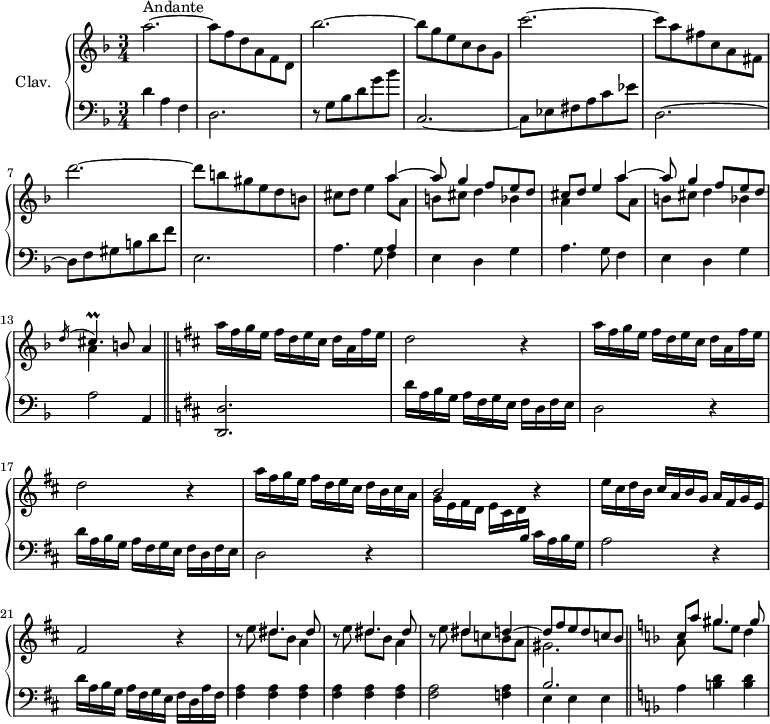 \version "2.18.2"
\header {
  tagline = ##f
  % composer = "Domenico Scarlatti"
  % opus = "K. 294"
  % meter = "Andante"
}
%% les petites notes
trillCisp     = { \tag #'print { cis4.\prall } \tag #'midi { d32 cis d cis  d cis~ cis16~ cis8 } }
upper = \relative c'' {
  \clef treble 
  \key d \minor
  \time 3/4
  \tempo 4 = 92
  \set Staff.midiInstrument = #"harpsichord"
  \override TupletBracket.bracket-visibility = ##f
      s8*0^\markup{Andante}
      a'2.~ | a8 f d a f d | bes''2.~ | bes8 g e c bes g | c'2.~ |
      % ms. 6
      c8 a fis c a fis | d''2.~ | d8 b gis e d b | cis d e4 << { a4~ | a8 g4 f8 e d | cis d e4 } \\ { a8 a, | b cis d4 bes | a } >>
      % ms. 11 suite
      << { a'4~ | a8 g4 f8 e d | \acciaccatura d16 \trillCisp   \tempo 4 = 72 b8   \tempo 4 = 56 a4 } \\ { a'8 a, | b cis d4 bes | a } >>   \tempo 4 = 92 \bar "||"   \key d \major
      % ms. 14
      \repeat unfold 2 { a'16 fis g e  fis d e cis  d a fis' e | d2 r4 } | a'16 fis g e  fis d e cis  d b cis a | \stemUp b2 r4 |  \stemNeutral
      % ms. 20
      e16 cis d b  cis a b g  a fis g e | fis2 r4 | \repeat unfold 2 { r8 e'8 << { \mergeDifferentlyDottedOn  dis4. dis8 } \\ { dis8 b a4 } >> }
      % ms. 24
      r8 e'8 << { dis4 d4~ | d8 fis e d c b } \\ { dis8 c b a | gis2. } >>  \bar "||"  \key d \minor
      % ms. 26
      << { \mergeDifferentlyDottedOn  c8 a' gis4. gis8 } \\ { a,8 s8 gis'8 e d4 } >>
}
lower = \relative c' {
  \clef bass
  \key d \minor
  \time 3/4
  \set Staff.midiInstrument = #"harpsichord"
  \override TupletBracket.bracket-visibility = ##f
    % ************************************** \appoggiatura a16  \repeat unfold 2 {  } \times 2/3 { }   \omit TupletNumber 
      d4 a f | d2. | r8 g8 bes d g bes | c,,2.~ | c8 ees fis a c ees |
      % ms. 6
      d,2.~ | d8 f gis b d f | e,2.~ | a4. g8 << { a4 } \\ { f4 } >> e4 d g | a4. g8  f4 |
      % ms. 12
      e4 d g | a2 a,4 | \key d \major  < d, d' >2.
      % ms. 15
      \repeat unfold 2 { d''16 a b g  a fis g e  fis d fis e | d2 r4 } | \stemDown \change Staff = "upper" g'16 e fis d  e cis d  \stemUp \change Staff = "lower" b  \stemNeutral cis a b g |
      % ms. 20
      a2 r4 | d16 a b g  a fis g e  fis d a' fis | < fis a >4 q q | q q q |
      % ms. 24
      q2 < f a >4 | << { b2. } \\ { e,4 e e } >> || \key d \minor a4 < b d > q |
}
thePianoStaff = \new PianoStaff <<
    \set PianoStaff.instrumentName = #"Clav."
    \new Staff = "upper" \upper
    \new Staff = "lower" \lower
  >>
\score {
  \keepWithTag #'print \thePianoStaff
  \layout {
      #(layout-set-staff-size 17)
    \context {
      \Score
     \override SpacingSpanner.common-shortest-duration = #(ly:make-moment 1/2)
      \remove "Metronome_mark_engraver"
    }
  }
}
\score {
  \keepWithTag #'midi \thePianoStaff
  \midi { }
}