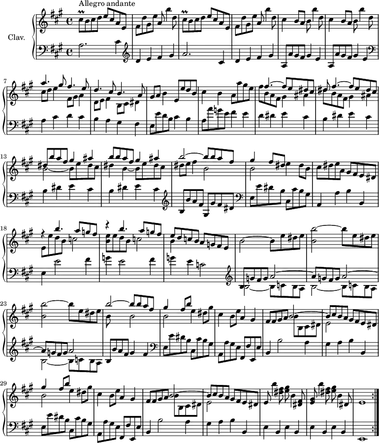 \version "2.18.2"
\header {
  tagline = ##f
  % composer = "Domenico Scarlatti"
  % opus = "K. 343"
  % meter = "Allegro andante"
}
%% les petites notes
trillCisq       = { \tag #'print { cis8\prall } \tag #'midi { d32 cis d cis } }
upper = \relative c'' {
  \clef treble 
  \key a \major
  \time 4/4
  \tempo 2 = 72
  \repeat volta 2 {
      s8*0^\markup{Allegro andante}
      \repeat unfold 2 { \trillCisq b8 cis d e cis a e |
      % ms. 4
      fis d' gis, e' a, b'4 d,8 } | \repeat unfold 2 { cis4 b8 a b b'4 d,8 } |
      << { a'4. gis8 fis4. e8 | d4. cis8 b4. a8 } 
       \\ { cis8 d e4 fis,8 gis a4 | d,8 e fis4 b,8 cis dis4 } >>
      % ms. 9
      gis8 a b4 e,8 e' d b | cis4 b a8 a' gis e |
      % ms. 11
      << { s8 fis4.~ fis8 e dis cis | dis fis4.~ fis8 e dis cis | dis b' a fis gis4 ais | b8 b a fis gis4 ais | b2~ b8 b a fis | gis4 fis8 dis } 
       \\ { fis8 b, a fis gis4 ais | dis8 b a fis gis4 ais | b2~ b8 e dis cis | dis4 b~ b8 e dis cis | dis e fis4 b,2 | b2 } >>
      % ms. 16 suite
      e4  dis8 b | cis dis e a, gis fis e dis |
      << { r4 b''4. a8 g fis | r4 b4. a8 g fis } 
       \\ { e,8 e' d b c2 | < b e >8 e d b c2 } >>
      % ms. 20
      << { e8 d c b } \\ { b4 } >> a8 g fis e | b'2~ b8 e dis e | \repeat unfold 2 { < b b' >2~ b'8 e, dis e } | 
      % ms. 24
      << { b'2~ b8 b a fis } \\ { b,8 s8  s4 b2 } >> |
      \repeat unfold 2 { << { gis'4 fis8 b } \\ { b,2 e4 } >> dis8 gis | cis,4 b8 e a,4 gis |
      % ms. 27
      fis8 fis gis a 
      << { b2~ | b8 cis b a } \\ { b8 b, cis dis | e2 } >> gis8 fis e dis }%finrepet |
      % ms. 33
      e8 b''4 < dis, fis >8 < e gis > b4 < dis, fis >8 | < e gis > b''4 < dis, fis >8 < e gis > b4 dis,8 | e1 }%repet
}
lower = \relative c' {
  \clef bass
  \key a \major
  \time 4/4
  \repeat volta 2 {
    % ************************************** \appoggiatura a16  \repeat unfold 2 {  } \times 2/3 { }   \omit TupletNumber 
      a2. cis4   \clef treble  | d e fis gis | a2. cis,4 |
      % ms. 4
      d4 e fis gis | \repeat unfold 2 { a,8 a' gis fis gis4 e }   \clef bass | a,4 cis d cis |
      % ms. 8
      b4 a gis fis | e8 e' d b cis4 b | a8 a' g e fis4 e | d dis e cis |
      % ms. 12
      \repeat unfold 3 { b4 dis e cis } \clef treble  | b8 b' a fis gis, gis' fis dis   \clef bass |
      % ms. 16
      e,8 e' dis b cis, cis' b gis | a,4 a' b b, | e e'2 fis4 | g e2 fis4 |
      % ms. 20
      g4 e c2 \clef treble   | << { b8 \repeat unfold 2 { g' fis g a2~ | a8 } g fis g a2 } \\ { \repeat unfold 3 { b,2~ b8 c b a } | } >>
      % ms. 24
      b8 b' a fis gis4 fis   \clef bass  | \repeat unfold 2 { e,8 e' dis b cis, cis' b gis | a, a' gis e fis, fis' e, e' | b4 b'2 a4 |
      % ms. 28
      gis4 a b b, }|
      % ms. 33
      \repeat unfold 4 { e b } | e,1 }%repet
}
thePianoStaff = \new PianoStaff <<
    \set PianoStaff.instrumentName = #"Clav."
    \new Staff = "upper" \upper
    \new Staff = "lower" \lower
  >>
\score {
  \keepWithTag #'print \thePianoStaff
  \layout {
      #(layout-set-staff-size 17)
    \context {
      \Score
     \override TupletBracket.bracket-visibility = ##f
     \override SpacingSpanner.common-shortest-duration = #(ly:make-moment 1/2)
      \remove "Metronome_mark_engraver"
    }
  }
}
\score {
  \unfoldRepeats
  \keepWithTag #'midi \thePianoStaff
  \midi { \set Staff.midiInstrument = #"harpsichord" }
}