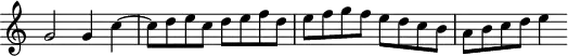 \version "2.14.2"
\header {
  tagline = ##f
}
\score {
  \new Staff \with {
   \remove "Time_signature_engraver"
  }
  \relative c'' {
    \key c \major
    \time 4/4
    \tempo 4 = 92
    %\autoBeamOff
    \clef treble
    \override Rest #'style = #'classical
    % Ricercare no 6
    g2 g4 c4~ | c8 d e c d | e f d e f g f e d c b a b c d e4 |
  }
  \layout {
    \context {
      \Score
      \remove "Metronome_mark_engraver"
    }
  }
  \midi {}
}