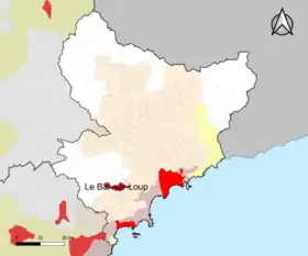 Localisation de l'aire d'attraction du Bar-sur-Loup dans le département des Alpes-Maritimes.