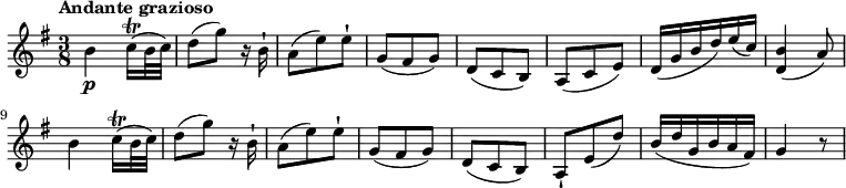 \relative c'' {
    \version "2.18.2"
    \key g \major 
    \tempo "Andante grazioso"
    \time 3/8
    b4\p c16\trill (b32 c)
    d8 (g) r16 b,16-!
    a8 (e') e-!
    g, (fis g)
    d (c b)
    a (c e)
    d16 (g b d) e (c)
    <d, b'>4 (a'8)
    b4 c16\trill (b32 c)
    d8 (g) r16 b,16-!
    a8 (e') e-!
    g, (fis g)
    d (c b)
    a-! e' ( d')
    b16 (d g, b a fis)
    g4 r8
}
