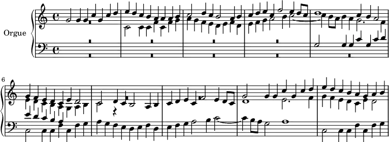 \version "2.18.2"
\header {
  tagline = ##f
}
Tema = { g2 g4 g c g c d e d c b a }
Comes = { c2 c4 c f c f g a g f e d e f d e f g a2 b4 c2~ c4 }
upper = \relative c'' {
  \clef treble 
  \key c \major
  \time 4/2
  \set Staff.timeSignatureFraction = 4/4
  \tempo 2 = 80
  \set Staff.midiInstrument = #"recorder"
   %%% La Spiritata (Canzon)
   
   << { \Tema a4 a b c2 d4 c b2 a4 b | c d e c f2 e4 d8 c | d1 c4 b a2 | g4 f e d c e d2 | c d4 c b2 a4 b c d e c f2 e4 d8 c \relative c'' { \Tema g4 a b } } \\ {  R1*2 \relative c' \Comes b'8 a b4 a g2. f4 | e d c b a g a b | c2 r4 s4 R1 R1*2 d1 e2. f4 | g f e d c e d2 |  } >>
}
lower = \relative c' {
  \clef bass
  \key c \major
  \time 4/2
   \set Staff.timeSignatureFraction = 4/4
    \set Staff.midiInstrument = #"recorder"
  
  << { R1*8 \Tema  } \\ { R1*10 \relative c \Comes b8 a g2 a1 | c,2 c4 c f c f g } >>
} 
\score {
  \new PianoStaff <<
    \set PianoStaff.instrumentName = #"Orgue"
    \new Staff = "upper" \upper
    \new Staff = "lower" \lower
  >>
  \layout {
    % #(layout-set-staff-size 17)
    \context {
      \Score
      \remove "Metronome_mark_engraver"
      \override SpacingSpanner.common-shortest-duration = #(ly:make-moment 1/2)
    }
  }
  \midi { }
}