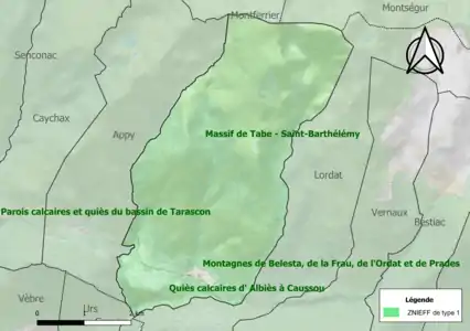 Carte des ZNIEFF de type 1 sur la commune.