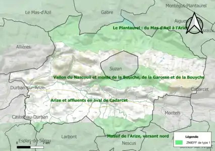 Carte des ZNIEFF de type 1 sur la commune.