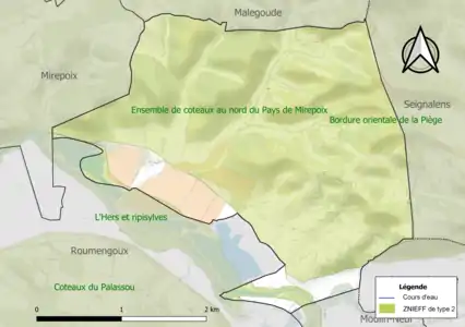 Carte des ZNIEFF de type 2 sur la commune.