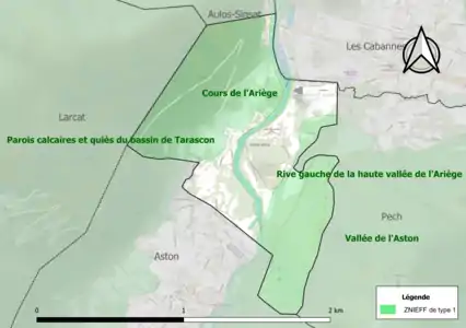 Carte des ZNIEFF de type 1 sur la commune.