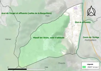 Carte des ZNIEFF de type 1 sur la commune.