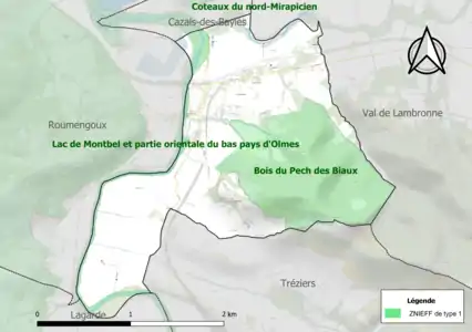 Carte des ZNIEFF de type 1 sur la commune.