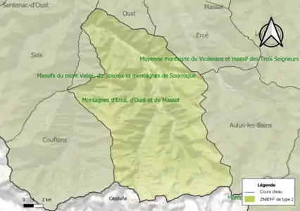 Carte des ZNIEFF de type 2 sur la commune.