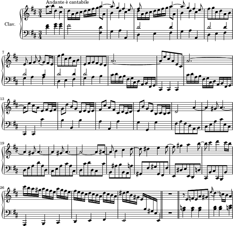 \version "2.18.2"
\header {
  tagline = ##f
  % composer = "Domenico Scarlatti"
  % opus = "K. 478"
  % meter = "Andante è cantabile"
}
%% les petites notes
trillCis      = { \tag #'print { cis4\prall } \tag #'midi { d32 cis d cis~ cis8 } }
upper = \relative c'' {
  \clef treble 
  \key d \major
  \time 3/4
  \tempo 4 = 76
      s8*0^\markup{Andante è cantabile}
      a'8. b16 d,4 \trillCis | d16 a b cis d e fis g 
      << { a4~ | a8 g4 fis e8 | fis s4. a4~ | a8 g4 fis e8 } 
       \\ { a8 a, | b4 d cis | d16 a b cis d e fis g  a8 a, | b4 d cis } >>
      % ms. 6
      fis8 g cis, d a b | e,8 fis4 g8 \appoggiatura a16 g8 fis16 e | fis'8 g cis, d a b | e, fis g fis e d |
      % ms. 10
      a'2.~ | a8 e' cis a e cis | a'2.~ | a8 e' cis a e fis16 e32 fis |
      % ms. 14
      g8 d' b g d e16 d32 e | fis8 cis' a fis cis d16 cis32 d | e8 b' g e b cis16 b32 cis | d2 a'4~ | \repeat unfold 3 { a gis8 a4.~ } |
      % ms. 21
      a2~ a8 ais~ | ais b4 cis d8~ | d dis4 e fis8~ | fis gis4 a b8~ |
      % ms. 25
      b8 cis4 d cis16 b | cis b a gis \repeat unfold 2 { a gis fis e } | fis e d cis \repeat unfold 2 { d cis b a } | dis e b gis e  \stemUp  \change Staff = "lower"  b gis e \stemNeutral   \change Staff = "upper"   s4  \bar "||" R2.  \bar "||"
      % ms. 30
      
      % ms. 36
      r8 e'8 f e a gis | \appoggiatura e'16 d4. c16 b a4 |
}
lower = \relative c' {
  \clef bass
  \key d \major
  \time 3/4
    % ************************************** \appoggiatura a16  \repeat unfold 2 {  } \times 2/3 { }   \omit TupletNumber 
      < d fis >4 < e g > q | fis2 < fis, d' >4 | g a a, | << { d'2 d4 } \\ { d,4 e fis } >>
      % ms. 5
      g4 a a, | << { d'2 d4 | d2 cis4 | d2 d4 | d2 } \\ { d,4 e fis | g a a | d,4 e fis | g a b } >> 
      % ms. 10
      cis16 d a b fis g cis, d a b fis g | cis,4 cis cis | cis''16 d a b fis g cis, d a b fis g | cis,4 cis cis'' |
      % ms. 14
      b4 b, b' | a a, a' | g g, g' | fis8 a fis d a b | cis e a cis e, cis |
      % ms. 19
      d8 fis a d a d, | cis e a cis a cis, | d cis' d d, cis cis' | b, ais' b b, a a' | gis, fis' gis gis, fis fis' | e, dis' e e, d d' |
      % ms. 25
      cis, b' cis cis, b b' | a,4 b cis | d e fis | e2 e4 | R2. |
      % ms. 30
      < a' c >4 q q | < b d > q < c e >
      % ms. 36
      
}
thePianoStaff = \new PianoStaff <<
    \set PianoStaff.instrumentName = #"Clav."
    \new Staff = "upper" \upper
    \new Staff = "lower" \lower
  >>
\score {
  \keepWithTag #'print \thePianoStaff
  \layout {
      #(layout-set-staff-size 17)
    \context {
      \Score
     \override TupletBracket.bracket-visibility = ##f
     \override SpacingSpanner.common-shortest-duration = #(ly:make-moment 1/2)
      \remove "Metronome_mark_engraver"
    }
  }
}
\score {
  \keepWithTag #'midi \thePianoStaff
  \midi { \set Staff.midiInstrument = #"harpsichord" }
}