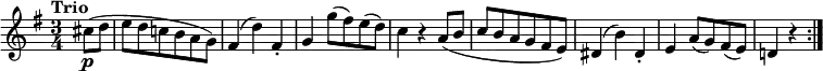 \relative c'' {
    \version "2.18.2"
     \key g \major
     \time 3/4
     \tempo "Trio"
     \tempo 4 = 160
  \partial 4
  cis8 \p  (d e d c! b a g)
  fis4 (d') fis,-.
  g g'8 (fis) e (d)
  c4 r a8 (b c b a g fis e)
  dis4 (b') dis,-.
  e a8 (g) fis (e)
  d!4 r \bar ":|."
}