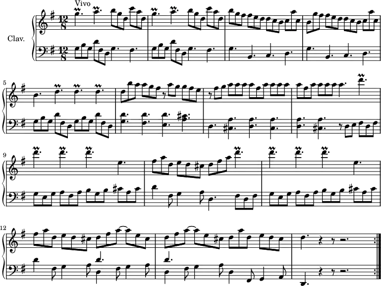 \version "2.18.2"
\header {
  tagline = ##f
}
%% les petites notes
trillGpUp     = { \tag #'print { g'4.\prall } \tag #'midi { a32 g a g~ g4 } }
trillAp       = { \tag #'print { a4.\prall } \tag #'midi { b32 a b a~ a4 } }
trillDp       = { \tag #'print { d4.\prall } \tag #'midi { e32 d e d~ d4 } }
upper = \relative c'' {
  \clef treble 
  \key g \major
  \time 12/8
  \tempo 4. = 106
  \set Staff.midiInstrument = #"harpsichord"
  \override TupletBracket.bracket-visibility = ##f
      s8*0^\markup{Vivo} 
      \repeat unfold 2 { \trillGpUp \trillAp b8 g d c' a d, } |
      % ms. 3
      b'8 g fis fis e d d c b c a' c, | b8 g' fis fis e d d c b c a' c, | b4. \repeat unfold 3 { \trillDp } |
      % ms. 6
      d8 b' a a g fis r8 a g g fis e | r8 fis g a a a \repeat unfold 2 { a fis a a a a } a4. \repeat unfold 4 { \trillDp } e,4. |
      % ms. 10
      fis8 a d, e d cis d fis a \repeat unfold 4 { \trillDp } e,4.
      % ms. 12
      fis8 a d, e d cis \repeat unfold 2 { d fis a~ a e cis } d a' d, e d cis | d4. r4 r8 r2. |
}
lower = \relative c' {
  \clef bass
  \key g \major
  \time 12/8
  \set Staff.midiInstrument = #"harpsichord"
  \override TupletBracket.bracket-visibility = ##f
    % **************************************
      \repeat unfold 2 { g8 b g d' fis, d g4. fis } |
      % ms. 3
      \repeat unfold 2 { g4. b, c d } | \repeat unfold 2 { g8 b g d' fis, d }
      % ms. 6
      < g d' >4. < fis d' > < e d' > < a cis > | d,4. \repeat unfold 2 { < cis a' > < d a' > } < cis a' > r8 d8 e fis d fis |
      % ms. 9
      g8 e g a fis a b g b cis a cis | d4 fis,8 g4 a8 d,4. | fis8 d fis |
      g8 e g a fis a b g b cis a cis |
      % ms. 12
      d4 fis,8 g4 a8 | \repeat unfold 2 { << { d4. } \\ { d,4 fis8 g4 a8 } >> } | d,4 fis,8 g4 a8 | d,4. r4 r8 r2. \bar ":|."
}
thePianoStaff = \new PianoStaff <<
    \set PianoStaff.instrumentName = #"Clav."
    \new Staff = "upper" \upper
    \new Staff = "lower" \lower
  >>
\score {
  \keepWithTag #'print \thePianoStaff
  \layout {
      #(layout-set-staff-size 17)
    \context {
      \Score
     \override SpacingSpanner.common-shortest-duration = #(ly:make-moment 1/2)
      \remove "Metronome_mark_engraver"
    }
  }
}
\score {
  \keepWithTag #'midi \thePianoStaff
  \midi { }
}