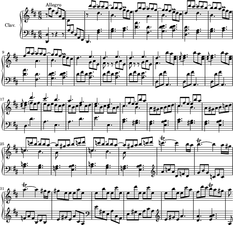 \version "2.18.2"
\header {
  tagline = ##f
  % composer = "Domenico Scarlatti"
  % opus = "K. 137"
  % meter = "Allegro"
}
%% les petites notes
trillGqUp      = { \tag #'print { g'8\prall } \tag #'midi { \times 2/3 { g16 a g~ } } }
trillEp        = { \tag #'print { e8\prall } \tag #'midi { \times 2/3 { e16 fis e~ } } }
trillBq        = { \tag #'print { b8\trill } \tag #'midi { \times 2/3 { b16 cis b~ } } }
trillCpUp      = { \tag #'print { c'4.\trill~ c4 } \tag #'midi { \times 2/3 { d16 c d  c d c  d c d  c d c~ } c8~ } }
trillBp        = { \tag #'print { b4.\trill~ b4 } \tag #'midi { \times 2/3 { c16 b c  b c b  c b c  b c b~ } b8~ } }
trillAp        = { \tag #'print { a4.\trill~ a4 } \tag #'midi { \times 2/3 { b16 a b  b a b  b a b  a b a~ } a8~ } }
appolBq        = { \tag #'print { \appoggiatura < cis e >8 < d fis >4. } \tag #'midi { < cis e >4 < d fis >8 } }
upper = \relative c'' {
  \clef treble 
  \key d \major
  \time 6/8
  \tempo 4. = 110 % tempo Ross
  \set Staff.midiInstrument = #"harpsichord"
  \override TupletBracket.bracket-visibility = ##f
      s8*0^\markup{Allegro}
      r8 a'8 fis d a fis | \stemDown d  \stemUp  \change Staff = "lower" a fis \stemDown \change Staff = "upper" s4. r8  << { d'''8 cis~|  cis8 cis b~ | b b a } \\ { s4 d,4. | b } >> \trillGqUp fis8 e |
      % ms. 5
      << { fis8 b a~ | a a g~ | g g fis } \\ { s4. a,4. | b } >> \trillEp d8 cis | << { d8 d' cis~|  cis8 cis b~ | b b a } \\ { s4. d,4. | b } >> \trillGqUp fis8 e | << { fis8 b a~ | a a g~ | g g fis } \\ { s4. a,4. | b } >>
      % ms. 10 fin…
      \trillEp d8 cis | d4. << { \repeat unfold 3 { e4. | d } } \\ { \repeat unfold 2 { g,8 a e | fis r8 r8 } g8 a e | fis4. } >> \repeat unfold 3 { b'8 a < cis, e >
      % ms. 15
      \appolBq  } 
      << { d'4. cis b a fis | e d  } 
      \\ { fis8 e fis | e d e | d cis d | cis b cis | d cis d | cis b cis | b a b } >>
      % ms. 21
      << { cis8 fis e~ | e b' a } \\ { \mergeDifferentlyDottedOn cis,4. b } >> | a8 gis a | b cis d | << { cis8 fis e~ | e b' a } \\ { cis,4. b } >> | a8 gis a | b c d | 
      % ms. 25
      \repeat unfold 2 { << { c8 c' b~ b b a~ | a gis a | b c d } \\ { c,4. b | a8 s4 } >> }
      % ms. 29
      \trillCpUp b16 a | \trillBp a16 gis | \trillAp gis16 fis | gis8 e e e a e |
      % ms. 33
      e8 b' e, e cis' e, | e d' e, e cis' e, | e b' e, e cis' a | fis d' cis \trillBq a8 gis | a8
}
lower = \relative c' {
  \clef bass
  \key d \major
  \time 6/8
  \set Staff.midiInstrument = #"harpsichord"
  \override TupletBracket.bracket-visibility = ##f
    % ************************************** \appoggiatura a16  \repeat unfold 2 {  } \times 2/3 { }   \omit TupletNumber 
      < d,, d' >4 r8 r4 r8 | s4. d'8 a fis | d4. < fis' a >4. | < g b > < a cis > | 
      % ms. 5
      < d a' >4. < fis, d' > | < g d' e > < a d e > | < d, a' d > < fis a > | < g b > < a cis > | < d a' >4. < fis, d' > |
      % ms. 10
       < g d' e > < a d e > | \repeat unfold 3 { d8 fis d | < a e' >4. } | \repeat unfold 3 { d,8 d' fis a,,4. }
      % ms. 17
      d4. d' | a e | a d |
      % ms. 20
      e4. e, | \repeat unfold 2 { < a cis >4. < gis b > | < fis a > < e a b > } |
      % ms. 25
      \repeat unfold 2 { < a c >4. < g b > | < f a > < e a b > }
      % ms. 29
        \clef treble a'8 c a | d, f d | g b g | c, e c | f a f | b, d b | e gis e | a cis, a |   \clef bass
      % ms. 33
      e'8 gis, e a cis, a | e' gis e a cis a |  \clef treble e' gis e a4. | < d, a' > < e a b > | a,8
}
thePianoStaff = \new PianoStaff <<
    \set PianoStaff.instrumentName = #"Clav."
    \new Staff = "upper" \upper
    \new Staff = "lower" \lower
  >>
\score {
  \keepWithTag #'print \thePianoStaff
  \layout {
      #(layout-set-staff-size 17)
    \context {
      \Score
     \override SpacingSpanner.common-shortest-duration = #(ly:make-moment 1/2)
      \remove "Metronome_mark_engraver"
    }
  }
}
\score {
  \keepWithTag #'midi \thePianoStaff
  \midi { }
}