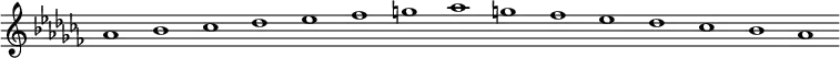 \new Staff {
\relative c'' {
\key as \minor
\override Staff.TimeSignature #'stencil = ##f
\override Staff.BarLine #'stencil = ##f
as1 bes ces des es fes g as g fes es des ces bes as
}
}
\midi {
\context {
\Score
tempoWholesPerMinute = #(ly:make-moment 120 1)
}
}