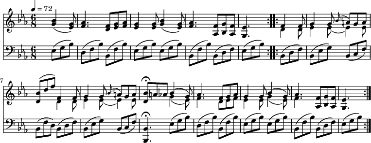 
<<
  \new Staff  \relative c'' {
         \version "2.12.2" 
         \clef "treble"          
         \key ees \major
         \time 6/8 
         \tempo 4 = 72                 
     \repeat volta 2 {
        s4. <g bes>4 (<ees g>8)
         <f aes>4. <d f>8 <ees g> <f aes>
         <ees g>4 <ees g>8  <g bes>4 (<ees g>8)
         <f aes>4. <aes, f'>8 <bes g'> <aes f'>
         <g ees'>4.
          }
  \repeat volta 2 { 
    <<{\stemDown d'4 d8 ees4 ees8 _(ees4) ees8 } \\ {\stemUp f4 f8 g4 g8 \grace bes16 ^(a8) g a}>>
        <d, bes'>8 ^(d' f) 
        <<{\stemDown d,4 d8 ees4 ees8 _(ees4) ees8 } \\ {\stemUp f4 f8 g4 g8 \grace bes16 ^(a8) g a }>>
        <d, bes'>8 \fermata a'aes
        <<{\stemDown g4 _(ees8) f4. d8 ees f ees4 ees8 g4 _(ees8) f4. }  \\ {\stemUp bes4 ^(g8) aes4. f8  g aes g4 g8 bes4 ^(g8) aes4. }>>
        <aes, f'>8 < bes g'> < aes f'> < g ees'>4.
       }
}

 \new Staff\relative c { 
        \clef "bass" 
        \key ees \major
        \time 6/8 
  \repeat volta 2 { 
     s4. ees8 (g bes)
     d, (f bes) bes, (f' bes)
    ees, (g bes) ees, (g bes)
    bes, (f' bes) bes, (d f)
    ees (g bes)
  } 
  \repeat volta 2 {
     bes, (d f) bes, (ees g) bes, (c f)
     bes, (f' d) bes (d f)
     bes, (ees g) bes, (c f)
     <bes,, bes'>4. \fermata  ees'8 (g bes)
     d, (f bes) bes, (f' bes)
     ees, (g bes) ees, (g bes)
     bes, (f' bes) bes, (d f)
     ees
     (g bes)
  }   
}
>>
