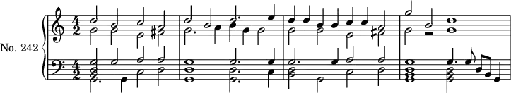 \version "2.14.2"
\header {
  tagline = ##f
}
upper = \relative c' {
  \clef treble 
  \key a \minor
  \time 4/2
  \tempo 2 = 66
  \autoBeamOff
  \set fontSize = #-1
  \set Staff.midiInstrument = #"dulcimer"
    << { d'2 b c a | d b d2. e4 | d d b b c c a2 | g' b, d1 } \\ { g,2 g e fis | g2. a4 b g g2 | g g e fis g r2 g1 } >>
}
lower = \relative c {
  \clef bass
  \key a \minor
  \time 4/2
  \set Staff.midiInstrument = #"dulcimer"
    << { << g'2 d2 b2 >> g'2 a a | g1 g2. g4 } \\ { g,2. g4 c2 d | << g,1 d' >> << g,2. d'2. >> c4 } >> 
    << { g'2. g4 a2 a | g1 g4. g8 d b g4 } \\ { << d'2 b2 >> g c d | << d1 b g >> << d'2 b g >> } >>
}
\score {
  \new PianoStaff <<
    \set PianoStaff.instrumentName = #"No. 242"
    \new Staff = "upper" \upper
    \new Staff = "lower" \lower
  >>
  \layout {
    \context {
      \Score
      \remove "Metronome_mark_engraver"
    }
  }
  \midi { }
}