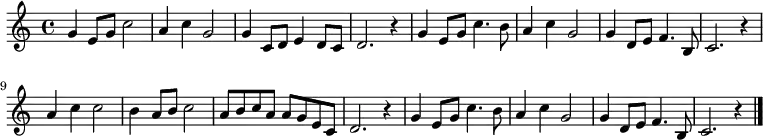 \relative c' {   \set Score.tempoHideNote = ##t   \key c \major   \time 4/4   \tempo 4 = 96   g'4 e8 g8 c2 | a4 c4 g2 | g4 c,8 d8 e4 d8 c8 | d2. r4 |   g4 e8 g8 c4. b8 | a4 c4 g2 | g4 d8 e8 f4. b,8 | c2. r4 |   a'4 c4 c2 | b4 a8 b8 c2 | a8 b8 c8 a8 a8 g8 e8 c8 | d2. r4 |   g4 e8 g8 c4. b8 | a4 c4 g2 | g4 d8 e8 f4. b,8 | c2. r4 \bar "|." }