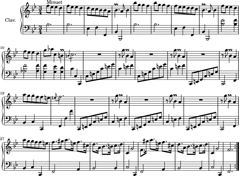 \version "2.18.2"
\header {
  tagline = ##f
  % composer = "Domenico Scarlatti"
  % opus = "K. 393"
  % meter = "Allegro"
}
%% les petites notes
trillBesp       = { \tag #'print { bes4.\prall } \tag #'midi { c32 bes c bes~ bes4 } }
trillBp         = { \tag #'print { b4\prall } \tag #'midi { c32 b c b~ b8 } }
trillBesDown    = { \tag #'print { bes,4\prall } \tag #'midi { c32 bes c bes~ bes8 } }
appoBCb         = { \tag #'print { \appoggiatura b4 c2. } \tag #'midi { b2 c4 } }
appoEFb         = { \tag #'print { \appoggiatura e8 f2. } \tag #'midi { e2 f4 } }
upper = \relative c'' {
  \clef treble 
  \key bes \major
  \time 3/4
  \tempo 4 = 120
  \set Staff.midiInstrument = #"harpsichord"
  \override TupletBracket.bracket-visibility = ##f
  \repeat volta 2 {
      s8*0^\markup{Minuet}
      \repeat unfold 2 { f8 ees ees4 d } | d8 c c bes bes a | \trillBesp a8 bes4 | \repeat unfold 2 { bes'8 g g4 f } |
      % ms. 7
      f8 ees ees d d c | \trillBesp a8 bes4 | \repeat unfold 2 { f'8 ees ees4 d } | g8 aes c,4 \trillBp |
      % ms. 12
      \appoBCb | \repeat unfold 3 { R2. | r8 g'8 \trillBesDown a4 } |
      % ms. 19
      a'8 g g f f e | \appoEFb | \repeat unfold 3 { R2. | r8 g8 \trillBesDown a4 } |
      % ms. 27
      a'8 g g f f e | f8. gis16 a8. e16 f8. cis16 |
      % ms. 29
      d8. a16 bes8. b16 c8. d16 | c,4 g'2  | f8. gis'16 a8. e16 f8. cis16 | d8. a16 bes8. b16 c8. d16 | c,4 g'2 | f2. }%repet
      % ms. 35
      
}
lower = \relative c' {
  \clef bass
  \key bes \major
  \time 3/4
  \set Staff.midiInstrument = #"harpsichord"
  \override TupletBracket.bracket-visibility = ##f
  \repeat volta 2 {
    % ************************************** \appoggiatura a16  \repeat unfold 2 {  } \times 2/3 { }   \omit TupletNumber 
      \repeat unfold 2 { bes2. | bes | ees,4 f f, | bes bes,2 } | 
      % ms. 9
      < bes'' f' >2 q4 | < aes f' >2 q4 | < g f' > < g ees' > < g d' > |
      % ms. 12
      c4 c, c, | \repeat unfold 2 { c'8 e g c e g | c,4 e f } | c,,8 e g c e g |
      % ms. 18
      c,,2 f4 | bes c c, | f f' f' | \repeat unfold 2 { c,,8 e g c e g | c,4 e f } |
      % ms. 25
      c,8 e g c e g | c,,2 f4 | bes c c, | f2 a4 |
      % ms. 29
      bes2 bes4 | c2 c,4 | f2 a4 | bes2 bes4 | c2 c,4 | f2. }%répet
      % ms. 35
      
}
thePianoStaff = \new PianoStaff <<
    \set PianoStaff.instrumentName = #"Clav."
    \new Staff = "upper" \upper
    \new Staff = "lower" \lower
  >>
\score {
  \keepWithTag #'print \thePianoStaff
  \layout {
      #(layout-set-staff-size 17)
    \context {
      \Score
     \override SpacingSpanner.common-shortest-duration = #(ly:make-moment 1/2)
      \remove "Metronome_mark_engraver"
    }
  }
}
\score {
  \keepWithTag #'midi \thePianoStaff
  \midi { }
}