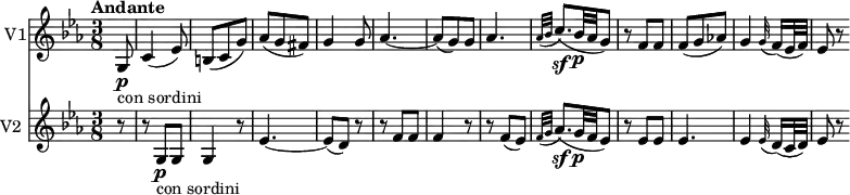 
<<
  \new Staff \with { instrumentName = #"V1"}  \relative c' {
         \clef "treble" 
         \tempo "Andante"
         \key ees \major
         \time 3/8
          \tempo 4 = 50
    \partial 8 g8 \p _ \markup{con sordini} c4 (ees8)
    b (c g')
    aes (g fis)
    g4 g8
    aes4. ~ aes8 (g) g
    aes4.
    \grace {aes32 (bes} c8.)\sf (bes32\p aes g8)
    r8 f f
    f (g aes!)
    g4  \grace g32 (f16) (ees32 f) 
    ees8 r
}
 \new Staff \with { instrumentName = #"V2 "} \relative c' {      
         \clef  "treble"  
         \key ees \major
         \time 3/8  
         \partial 8 r8 r g\p  _ \markup{con sordini} g g4 r8
         ees'4.  ~ ees8 (d) r r f f f4 r8 r f (ees)
          \grace {f32 (g} aes8.)\sf (g32\p f ees8)
         r8 ees ees
         ees4.
        ees4 \grace ees32 (d16) (c32 d) 
        ees8 r
         
}
>>
