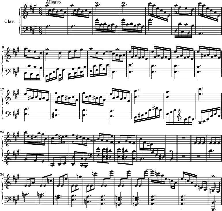
\version "2.18.2"
\header {
  tagline = ##f
  % composer = "Domenico Scarlatti"
  % opus = "K. 369"
  % meter = "Allegro"
}

%% les petites notes
trillCis     = { \tag #'print { cis4\prall } \tag #'midi { d32 cis d cis~ cis8 } }
trillBqq     = { \tag #'print { b16\prall } \tag #'midi { \times 2/3 { b32 cis b} } }
trillApUp    = { \tag #'print { a'4.\prall } \tag #'midi { bes32 a bes a~ a4 } }
trillGq      = { \tag #'print { g8\prall } \tag #'midi { a32 g a g } }
trillBp      = { \tag #'print { b4.\prall } \tag #'midi { cis32 b cis b~ b4 } }

upper = \relative c'' {
  \clef treble 
  \key a \major
  \time 3/8
  \tempo 4 = 102
  \set Staff.midiInstrument = #"harpsichord"
  \override TupletBracket.bracket-visibility = ##f

      s8*0^\markup{Allegro}
      \repeat unfold 2 { a'16 cis, d b cis a } | \repeat unfold 2 { \trillApUp } | \repeat unfold 2 { cis16 a e cis a e | a'16 fis8 e d16 } |
      % ms. 9
      \trillCis  d8 | e fis gis | a d, cis~ | cis \trillBqq a16 b8 |
      % ms. 13
      \repeat unfold 3 { e16 gis, a fis gis e } | \repeat unfold 2 { e' ais, b gis ais fis } | \repeat unfold 2 { fis' b, cis ais b fis }
      % ms. 20
      e'16 a, b gis a e | < b' a' >4. < b gis' > < e cis' > | b'16 e, dis a' gis b, |
      % ms. 25
      cis16 fis8 dis e16 | fis16 dis8 cis b16~ | b16 a8 gis fis16~ | fis8 gis16 fis e8 | b'16 fis dis \stemUp  \change Staff = "lower" b fis dis \stemNeutral   \change Staff = "upper" |  s4. \bar "||" R4.  \bar "||"	
      % ms. 32
      e'8 e e | e e e | e e a | e e c' | e, e e' | e, e g' | e, e c'' |
      % ms. 39
      \repeat unfold 3 { e,,8 e e''~ } | e16 c a e c[ a] | e' c a e c[ a] | \trillGq fis4 |

}

lower = \relative c' {
  \clef bass
  \key a \major
  \time 3/8
  \set Staff.midiInstrument = #"harpsichord"
  \override TupletBracket.bracket-visibility = ##f

    % ************************************** \appoggiatura a16  \repeat unfold 2 {  } \times 2/3 { }   \omit TupletNumber 
      a4. | a | \repeat unfold 2 { a'16 cis, d b cis a } | a'4. | d,,16 d' cis, cis' b, b' |
      % ms. 7
      a,4. | d16 d' cis, cis' b, b' | a, cis e a b,[ gis'] | cis, a' d, b' e, cis' | fis, d' gis, e' a, e' | e,4. |
      % ms. 13
      < e e' >4. < e d' > q < e cis' > q < dis b' >
      % ms. 19
      < d b' >4.  < cis a' > | b16 dis fis b dis b | e, gis b   \clef treble  e gis e | a, cis e a cis a | gis8 fis e |
      % ms. 25
      a,8 b cis | < b b' > < a a' > < gis gis' >   \clef bass < fis fis' > < e e' > < dis dis' > | < e e' > < dis dis' > < cis cis' > | b4. \trillBp | R4. |
      % ms. 32
      R4. | d'4. c < a c > < g b > < e b' > < c a' > |
      % ms. 39
      < a e' a >4.  < g e' g > q < a e' a > q | < b, b' >

}

thePianoStaff = \new PianoStaff <<
    \set PianoStaff.instrumentName = #"Clav."
    \new Staff = "upper" \upper
    \new Staff = "lower" \lower
  >>

\score {
  \keepWithTag #'print \thePianoStaff
  \layout {
      #(layout-set-staff-size 17)
    \context {
      \Score
     \override SpacingSpanner.common-shortest-duration = #(ly:make-moment 1/2)
      \remove "Metronome_mark_engraver"
    }
  }
}

\score {
  \keepWithTag #'midi \thePianoStaff
  \midi { }
}

