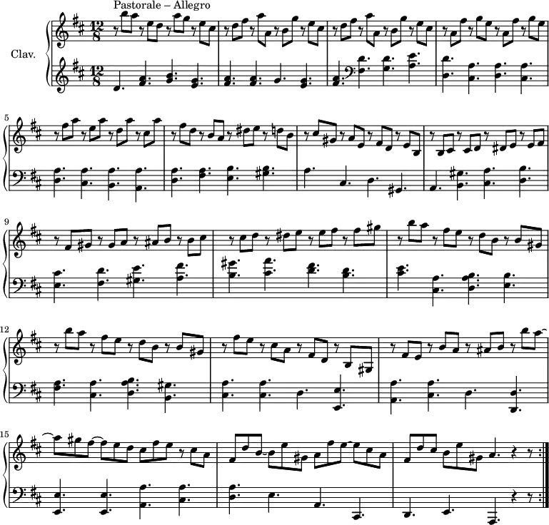\version "2.18.2"
\header {
  tagline = ##f
  % composer = "Domenico Scarlatti"
  % opus = "K. 415"
  % meter = "Allegro"
}
%% les petites notes
%trillBesp     = { \tag #'print { bes4.\prall } \tag #'midi { c32 bes c bes~ bes4 } }
upper = \relative c'' {
  \clef treble 
  \key d \major
  \time 12/8
  \tempo 4. = 88
  \set Staff.midiInstrument = #"harpsichord"
  \override TupletBracket.bracket-visibility = ##f
  \repeat volta 2 {
      s8*0^\markup{Pastorale – Allegro}
      r8 b'8 a r8 e d r8 a'8 g r8 e8 cis | \repeat unfold 2 { r8 d8 fis r8 a8 a, r8 b8 g' r8 e8 cis } |
      % ms. 4
      r8 a8 fis' r8 g8 e r8 a,8 fis' r8 g8 e | r8 fis8 a r8 e8 a r8 d,8 a' r8 cis,8 a' | r8 fis8 d r8 b8 a r8 dis8 e r8 d8 b |
      % ms. 7
      r8 cis gis r8 a e r8 fis d r8 e b | r8 b cis r8 cis d r8 dis e r8 e fis | r8 fis gis r8 gis a r8 ais b r8 b cis |
      % ms. 10
      r8 cis d r8 dis e r8 e fis r8 fis gis | \repeat unfold 2 { r8 b a r8 fis e r8 d b r8 b gis } |
      % ms. 13
      r8 fis'8 e r8 cis a r8 fis d r8 b gis | r8 fis'8 e r8  b' a r8 ais b r8 b' a~ | a gis fis~ fis e d cis fis e r8  cis a |
      % ms. 16
      fis d' b~ b e gis, a fis' e~ e cis a | fis d' cis b e gis, a4. r4 r8 }%repet
}
lower = \relative c' {
  \clef bass
  \key d \major
  \time 12/8
  \set Staff.midiInstrument = #"harpsichord"
  \override TupletBracket.bracket-visibility = ##f
  \repeat volta 2 {
    % ************************************** \appoggiatura a16  \repeat unfold 2 {  } \times 2/3 { }   \omit TupletNumber 
        \clef treble  d4. < fis a >4. < g b > < e g > | < fis a > q g < e g > | < fis a >   \clef bass < fis, d' > < g d' > < a e' >
      % ms. 4
      < d, d' >4. \repeat unfold 2 { < cis a' > < d a' > } < cis a' > < b a' > < a a' > | < d a' > < fis a > < e b' > < gis b >
      % ms. 7
      a4. cis, d gis, | a < b gis' > < cis a' > < d b' > | < e cis' > < fis d' > < gis e' > < a fis' > |
      % ms. 10
      < b gis' >4. < cis a' > < d fis > < b d > | < cis e > < cis, a' > < d a' b > < e b' > | < fis a > < cis a' > < d a' b > < b gis' >
      % ms. 13
      <cis a' > q d4. < e, e' > | < a a' > < cis a' > d4. < d, d' > | < e e' > q < a a' > < cis a' >
      % ms. 16
      < d a' >4. e a, cis, | d e a, r4 r8 }%repet
}
thePianoStaff = \new PianoStaff <<
    \set PianoStaff.instrumentName = #"Clav."
    \new Staff = "upper" \upper
    \new Staff = "lower" \lower
  >>
\score {
  \keepWithTag #'print \thePianoStaff
  \layout {
      #(layout-set-staff-size 17)
    \context {
      \Score
     \override SpacingSpanner.common-shortest-duration = #(ly:make-moment 1/2)
      \remove "Metronome_mark_engraver"
    }
  }
}
\score {
  \unfoldRepeats
  \keepWithTag #'midi \thePianoStaff
  \midi { }
}