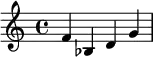 { \relative c { f' bes, d g } }