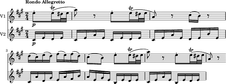 << \new Staff \with { instrumentName = #"V1 "}
    \relative c'' {
    \version "2.18.2"
    \key a \major 
    \tempo "Rondo Allegretto "
    \time 2/4
    \tempo 4 = 90
  \partial 4 e8-.\p e16\trill (dis32 e a8) r
  e-. e16\trill (dis32 e a,8) r cis16 (b) r8
  d16 (cis) e (d) fis (e) fis (d)
  cis8 (b) e8-. e16\trill (dis32 e a8) r
  e-. e16\trill (dis32 e a,8) r
}
\new Staff \with { instrumentName = #"V2 "} \relative c' {
    \key a \major 
    \partial 4
    \set Staff.midiMinimumVolume = #0.2 \set Staff.midiMaximumVolume = #0.5
    cis16 \p e d e
    cis e a e cis e d e
    cis e a e d e b' e,
    cis a' d, gis e a fis b
    a e gis e b e d e
    cis e a e b e d e 
 }
>>