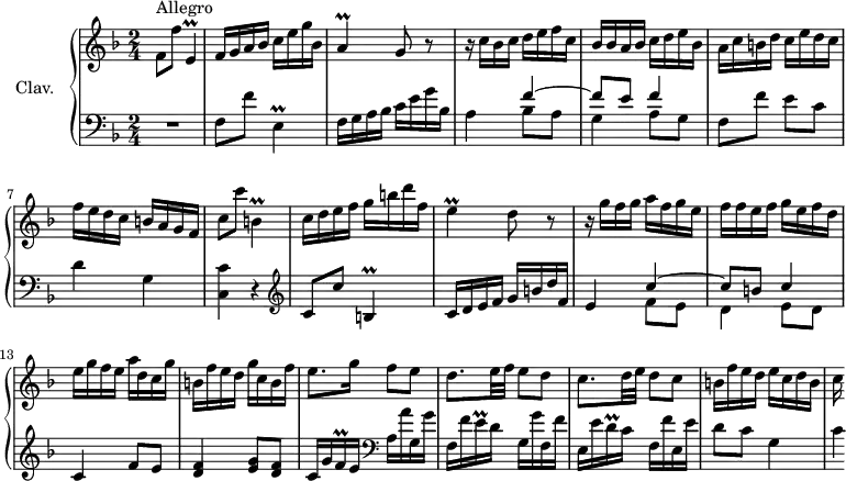 \version "2.18.2"
\header {
  tagline = ##f
  % composer = "Domenico Scarlatti"
  % opus = "K. 257"
  % meter = "Allegro"
}
%% les petites notes
trillEDown     = { \tag #'print { e,4\prall } \tag #'midi { f32 e f e~ e8 } }
trillE         = { \tag #'print { e4\prall } \tag #'midi { f32 e f e~ e8 } }
trillA         = { \tag #'print { a4\prall } \tag #'midi { bes32 a bes a~ a8 } }
trillBDown     = { \tag #'print { b,4\prall } \tag #'midi { c32 b c b~ b8 } }
trillFqq       = { \tag #'print { f16\prall } \tag #'midi { \times 2/3 { f32 e f } } }
trillEqq       = { \tag #'print { e16\prall } \tag #'midi { \times 2/3 { e32 d e } } }
trillDqq       = { \tag #'print { d16\prall } \tag #'midi { \times 2/3 { d32 c d } } }
upper = \relative c'' {
  \clef treble 
  \key f \major
  \time 2/4
  \tempo 4 = 92
  \set Staff.midiInstrument = #"harpsichord"
  \override TupletBracket.bracket-visibility = ##f
      s8*0^\markup{Allegro}
      f,8 f' \trillEDown | f16 g a bes c e g bes, | \trillA g8 r8 | r16 c bes c d e f c |
      % ms. 5
      bes16 bes a bes c d e bes | a c b! d c e d c  | f e d c b a g f | c'8 c' \trillBDown |
      % ms. 9
      c16 d e f g b d f, | \trillE d8 r8 | r16 g16 f g a f g e | f f e f g e f d |
      % ms. 13
      e16 g f e a d, c g' | b, f' e d g c, b f' | e8. g16 f8 e | d8. e32 f e8 d |
      % ms. 17
      c8. d32 e d8 c | b16 f' e d e c d b | c
}
lower = \relative c' {
  \clef bass
  \key f \major
  \time 2/4
  \set Staff.midiInstrument = #"harpsichord"
  \override TupletBracket.bracket-visibility = ##f
    % ************************************** \appoggiatura a8  \repeat unfold 2 {  } \times 2/3 { }   \omit TupletNumber 
      R2 | f,8 f' \trillEDown | f16 g a bes c e g bes, | a4 << { f'4~ | f8 e f4 } \\ { bes,8 a | g4 a8 g } >>
      % ms. 6
      f8 f' e c | d4 g, | < c, c' >4 r4   \clef treble  |
      % ms. 9
      c'8 c' \trillBDown |c16 d e f g b d f, | e4 << { c'4~ c8 b c4 } \\ { f,8 e | d4 e8 d } >>
      % ms. 13
      c4 f8 e | < d f >4 < e g >8 < d f > | c16 g' \trillFqq e16   \clef bass  a, a' g, g' | f, f' \trillEqq d16 g, g' f, f' |
      % ms. 17
      e,16 e' \trillDqq c16 f, f' e, e' | d8 c g4 | c4*1/4
}
thePianoStaff = \new PianoStaff <<
    \set PianoStaff.instrumentName = #"Clav."
    \new Staff = "upper" \upper
    \new Staff = "lower" \lower
  >>
\score {
  \keepWithTag #'print \thePianoStaff
  \layout {
      #(layout-set-staff-size 17)
    \context {
      \Score
     \override SpacingSpanner.common-shortest-duration = #(ly:make-moment 1/2)
      \remove "Metronome_mark_engraver"
    }
  }
}
\score {
  \keepWithTag #'midi \thePianoStaff
  \midi { }
}
