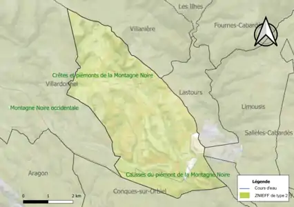 Carte des ZNIEFF de type 2 sur la commune.