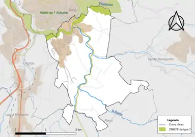 Carte de la ZNIEFF de type 2 de la commune.