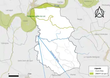 Carte de la ZNIEFF de type 2 de la commune.