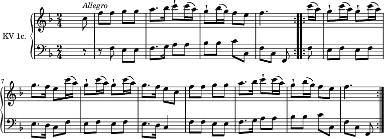 \version "2.14.2"
\header {
  tagline = ##f
}
upper =  \relative c'' { 
         \clef "treble" 
         \tempo "Allegro" 
         \key f \major
         \time 2/4 
         \tempo 4 = 100
         \tempo "Allegro"          
         \set Staff.midiInstrument = #"dulcimer"
    \repeat volta 2 { s4. c8^\markup \italic { Allegro }
     f f g g 
     a8. bes16 c8-! c16 (a) 
     g8-! bes16 (g) f8 e
     f4.}
    \repeat volta 2 { c'16 (a) g8-!  c16 (a)  g8-! c16 (a)
     g8. f16 e8 c'16 (a)
     g8-!  c16 (a)  g8-! c16 (a)
      g8. f16 e8 c
      f f g g
      a8. bes16 c8-! c16 (a)
      g8-! bes16 (g) f8 e
      f4.
    }
      }
       
lower = \relative c {
        \clef "bass" 
        \key f \major
        \time 2/4 
        \set Staff.midiInstrument = #"harpsichord"
       
     \repeat volta 2 { s4. r8
      r8 f8 e e f8. g16 a 8 a bes bes c c,
      f c f, } 
     \repeat volta 2 {
     f'8
     e f e f
     e8. d16 c8 f
     e f e f
     e8. d16 c4
     f8 f e e
      f8. g16 a8 a
      bes bes c c,
      f c f,
     }    
} 
\score {
  \new PianoStaff <<
    \set PianoStaff.instrumentName = #"KV 1c."
    \new Staff = "upper" \upper
    \new Staff = "lower" \lower
  >>
  \layout {
    \context {
      \Score
      \remove "Metronome_mark_engraver"
    }
  }
  \midi { }
}