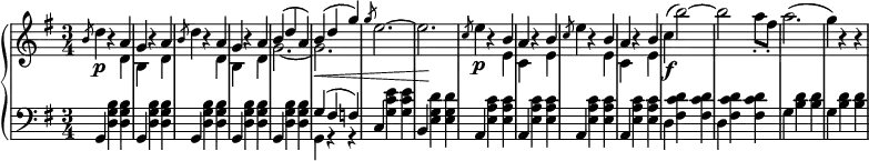 \relative c' {
 \new PianoStaff <<
  \new Staff { \key e \minor \time 3/4
  <<
  {
  s16 \slashedGrace b'8 s4 b4\rest a g b4\rest a \slashedGrace b8 s4 b4\rest a g b4\rest a b( d a) b( d g) \slashedGrace g8 s2. s \slashedGrace c,8 s4 b4\rest b a b4\rest b \slashedGrace c8 s4 b4\rest b a b4\rest b
  }
  \\
  {
  s16 d4\p s4 d, b s d d'4 s4 d, b s d g2.~ g\< e'2.^~ e\! e4\p s4 e, c s e e'4 s4 e, c s e c'\f^( b'2^~) b a8-. fis-. a2.^( g4) b,4\rest b4\rest
  }
  >>
  }
  \new Dynamics {
  
  }
  \new Staff { \key e \minor \time 3/4 \clef bass
  <<
   { s16 g,,4 s s g s s g s s g s s g s s g'( fis f) c s s b s s a s s a s s a s s a }
  \\
   { s16 s4 <d g b> <d g b> s <d g b> <d g b> s <d g b> <d g b> s <d g b> <d g b> s <d g b> <d g b> g, r r s <g' c e> <g c e> s <e g d'> <e g d'> s <e a c> <e a c> s <e a c> <e a c> s <e a c> <e a c> s <e a c> <e a c> d <fis c' d> <fis c' d> d <fis c' d> <fis c' d> g <b d> <b d> g <b d> <b d> }
  >>
   }
 >>
 }