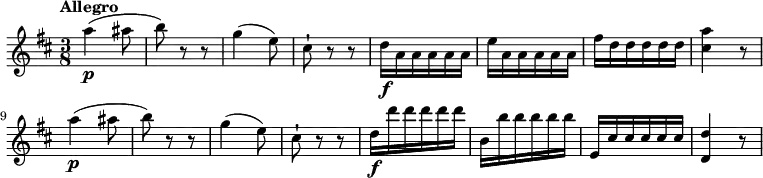 
\relative c'' {
         \clef "treble" 
         \tempo "Allegro" 
         \key d \major
         \time 3/8
      a'4\p (ais8 b) r8 r8
      g4 (e8) cis-!) r8 r8
      d16\f a a a a a
      e' a, a a a a 
      fis' d d d d d 
      <<cis4 a'>> r8
      a4\p (ais8 b) r8 r8
      g4 (e8) cis-!) r8 r8
      d16\f d'd d d d
      b, b' b b b b
      e,, cis' cis cis cis cis
      <<d,4 d'>> r8                 
}
