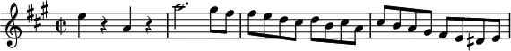 \version "2.18.2"
\header {
  tagline = ##f
}
\score {
  \new Staff \with {
  }
<<
  \relative c'' {
    \key a \major
    \time 2/2  
    \tempo 2 = 120
    \override TupletBracket #'bracket-visibility = ##f 
     %%Mozart — Concerto 23, mvt 3, th. 1
     e4 r4 a, r4 a'2. gis8 fis fis e d cis d b cis a cis b a gis fis e dis e
  }
>>
  \layout {
     \context { \Score \remove "Metronome_mark_engraver" }
  }
  \midi {}
}