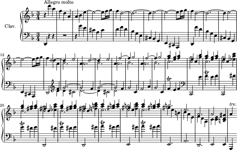 \version "2.18.2"
\header {
  tagline = ##f
  % composer = "Domenico Scarlatti"
  % opus = "K. 510"
  % meter = "Allegro molto"
}
%% les petites notes
trillF     = { \tag #'print { f4\trill } \tag #'midi { g32 f g f~ f8 } }
trillA     = { \tag #'print { a4\trill } \tag #'midi { b32 a b a~ a8 } }
trillG     = { \tag #'print { g4\trill } \tag #'midi { a32 g a g~ g8 } }
trillAUp   = { \tag #'print { a'4^\markup{ \italic "tre."} } \tag #'midi { \times 2/3 { a32 bes a~ } a8. } }
upper = \relative c'' {
  \clef treble 
  \key d \minor
  \time 3/4
  \tempo 2 = 88
      s8*0^\markup{Allegro molto}
      r4 d'4 a | f d a | a bes e~ | e2~ e8 f16 g | f4 d2~ | d2.~ |
      % ms. 7
      d4 e2~ | e2~ e8 f16 g | f4 d2~ | d2.~ | d4 e2~ | e~ e8 f16 g |
      % ms. 13
      f4 
      << { d2~ | d4 e2 | a,4 d2~ | d4 e2 | a,4 f'2~ | f4 g2 | a,4 f'2~ | f4 g2 } 
       \\ { d4 a | bes2. a bes a bes | a bes } >>
      % ms. 20
      << { < f' a >4 < e g > < f a > | e c bes' | < f a >4 < e g > < f a > | e c } 
       \\ { c2. | < c g' >2 g'4 | c,2. | < c g' >2 } >> < ees a c >4
      % ms. 25
      << { < g bes >4 < fis a > < g bes > | fis4 d s4 | < g bes >4 < fis a > < g bes > | fis4 d s4 | < a' c >4 < gis b > < a c > | gis e s4 } 
       \\ { d2. | < d a' >2 < ees a c >4 | d2. | < d a' >2 < f b d >4 | e2. | < e b' >2 < f b d >4 } >>
      % ms. 31
      << { < a c >4 < gis b > < a c > | b2. e,  a, | a2 } 
       \\ { e'2. | gis4 e b | c a e | f d a | c < c e > } >> < b d gis >4 | \trillAUp
      % ms. 38
      
}
lower = \relative c' {
  \clef bass
  \key d \minor
  \time 3/4
    % ************************************** \appoggiatura a16  \repeat unfold 2 {  } \times 2/3 { }   \omit TupletNumber 
      d,,4 r4 r4 | R2. | r4 g''4 e | cis a cis | d f d | bes g e |
      % ms. 7
      cis4 bes g | e cis a | d f'' d | bes g e | cis bes g | e cis a |
      % ms. 13
      d2   \clef treble  << { \repeat unfold 2 { f''4 | g2.~ | g2 } } \\ { d4 | d cis2 | d2.~ | d4 cis2 | d2 } >> f4 | g2 c,4 |
      % ms. 19
      f2 a4 | g2 c,4 | \trillF e4 f |   \clef bass c,,2 e''4 | \trillF e4 f  | c,,2 fis''4 | 
      % ms. 25
      \trillG fis4 g | d,,2 fis''4 | \trillG fis4 g | d,,2 gis''4 | \trillA gis a | e,,2 gis''4 |
      % ms. 31
      \trillA gis4 a | e,,2. a d, | e2 e4 | a,4
      % ms. 38
      
}
thePianoStaff = \new PianoStaff <<
    \set PianoStaff.instrumentName = #"Clav."
    \new Staff = "upper" \upper
    \new Staff = "lower" \lower
  >>
\score {
  \keepWithTag #'print \thePianoStaff
  \layout {
      #(layout-set-staff-size 17)
    \context {
      \Score
     \override TupletBracket.bracket-visibility = ##f
     \override SpacingSpanner.common-shortest-duration = #(ly:make-moment 1/2)
      \remove "Metronome_mark_engraver"
    }
  }
}
\score {
  \keepWithTag #'midi \thePianoStaff
  \midi { \set Staff.midiInstrument = #"harpsichord" }
}